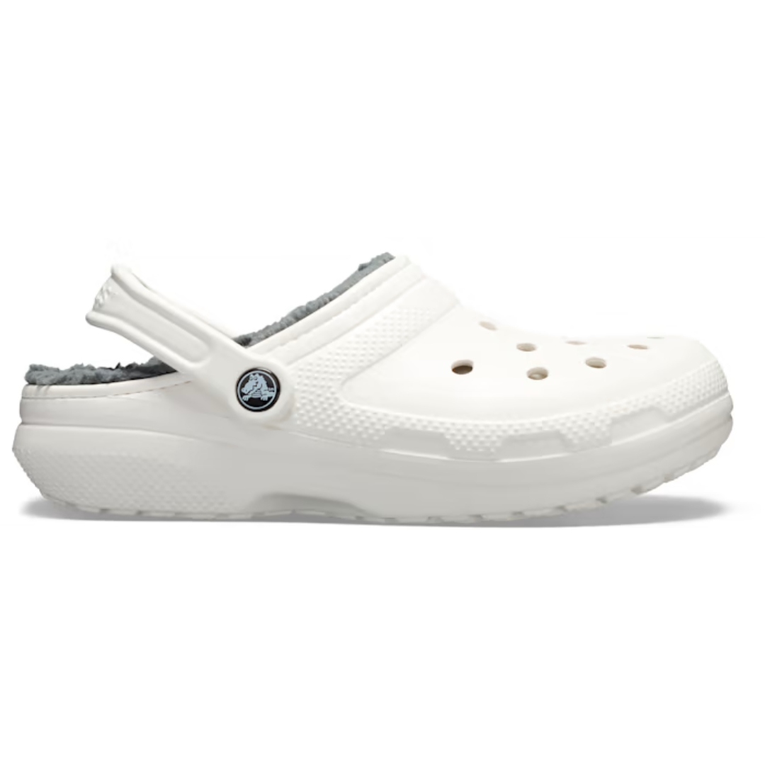 SABOT CROCS CLASSIQUE DOUBLÉ POUR ADULTE couleur blanc vu du sabot blanc avec doublure sherpa grise de profil droit