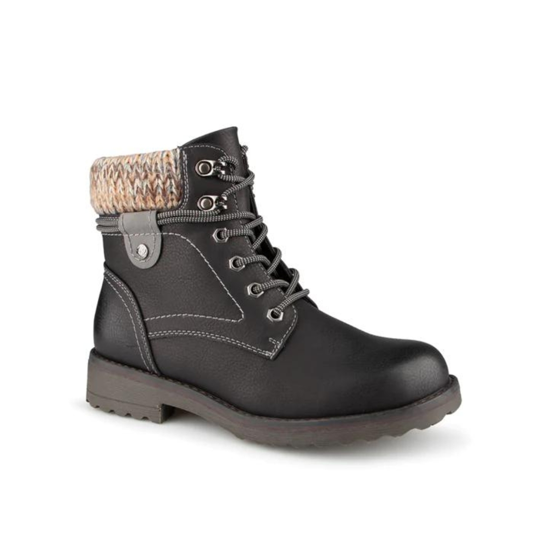 BOTTE D'HIVER ALBERTO BRUXELINA POUR FEMME couleur noir vu de la botte noire avec le haut beige pale de profil avant droit