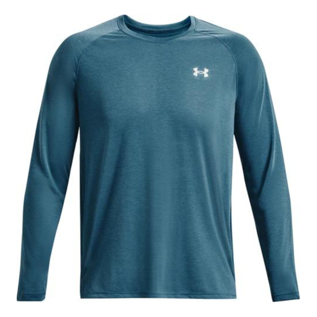 CHANDAIL D'ENTRAINEMENT À MANCHES LONGUES UNDER ARMOUR UA STREAKER RUN POUR HOMME couleur 414-STATIC BLUE/STATIC BLUE vu de face col rond, manches raglan, logo under armour à la poitrine gauche en imprimé réfléchissant sur le chandail bleu