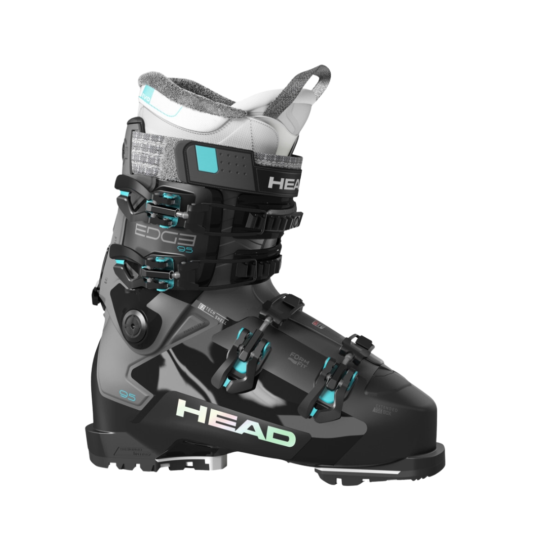 BOTTE DE SKI ALPIN HEAD EDGE 95 W HV GW POUR FEMME VU DE LA BOTTE NOIRE GRISE, BLEUE ET BLANCHE DE PROFIL DROIT