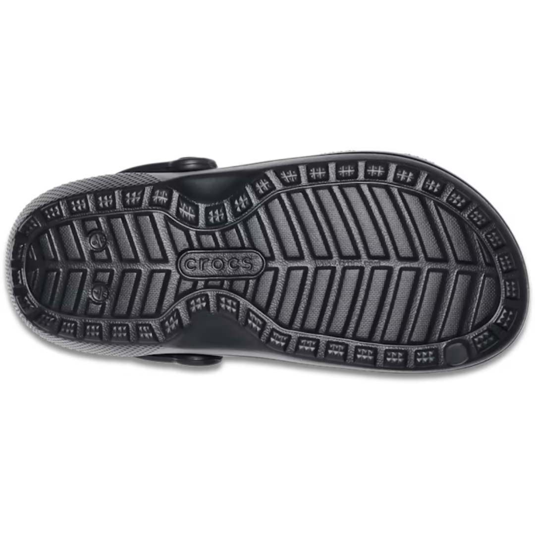 SABOT CROCS CLASSIQUE DOUBLÉ POUR ADULTE couleur noir vu des sabots noirs sur la semelle d'usure