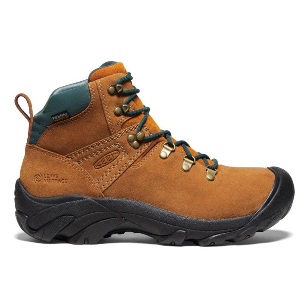 BOTTE DE RANDONNÉE KEEN PYRENEES POUR femme COULEUR KEEN MAPLE/MARMELADE VUE DE LA BOTTE BRUNE ÉRABLE AVEC DÉTAIL VERT DE PROFIL DROIT