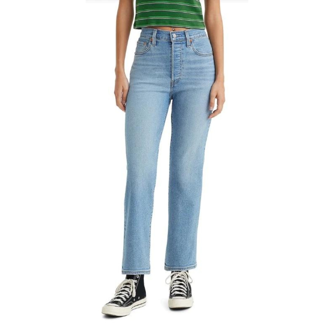 Pantalon type jeans bleu clair taille haute avec jambes droites