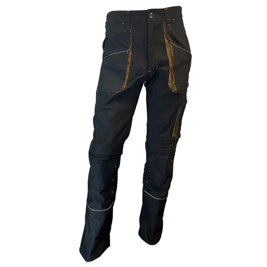 PANTALON DE TRAVAIL ORANGE RIVER HOUSTON POUR HOMME couleur black vu du pantalon noir avec détails orange de face