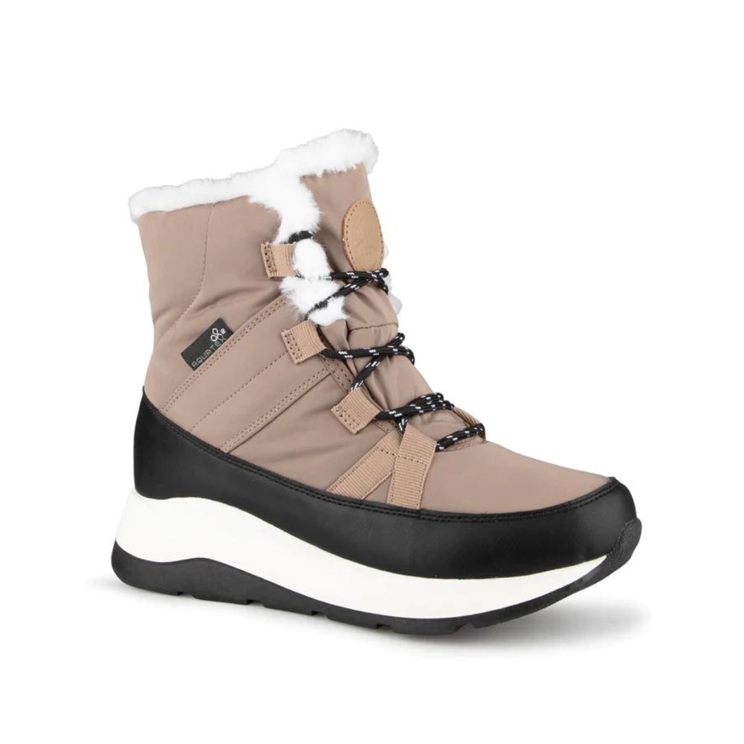 BOTTE D'HIVER ISOLÉE BLUE ROCKY FUJISU POUR femme couleur taupe vue de la botte droite de couleur beige noire et blanche de profil avant droit