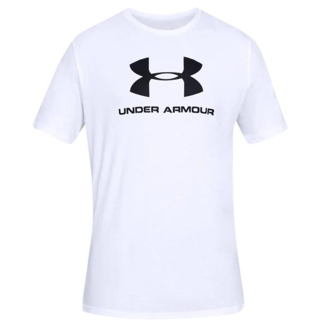 CHANDAIL À MANCHES COURTES UNDER ARMOUR UA SPORTSTYLE LOGO POUR HOMME COULEUR 100-WHITE/BLACK VU DE FACE LOGO ET NOM UNDER ARMOUR EN GÉANT AU DEVANT IMPRIMÉ DE COULEUR NOIR SUR LE CHANDAIL BLANC