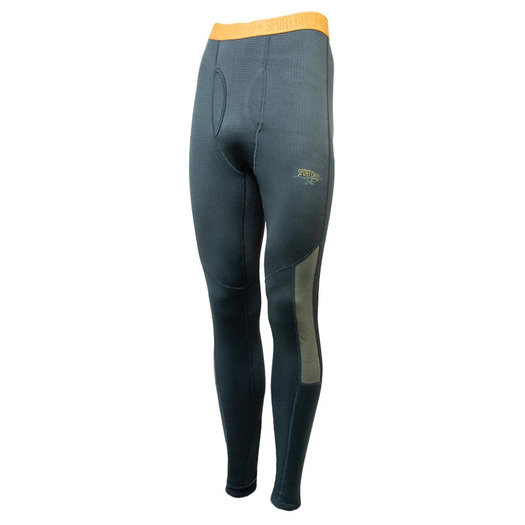 BAS COUCHE DE BASE SPORTCHIeF JAY POUR HOMME couleur forest vu du legging gris/vert acier, gris pale et bande de taille jaune de profil avant gauche