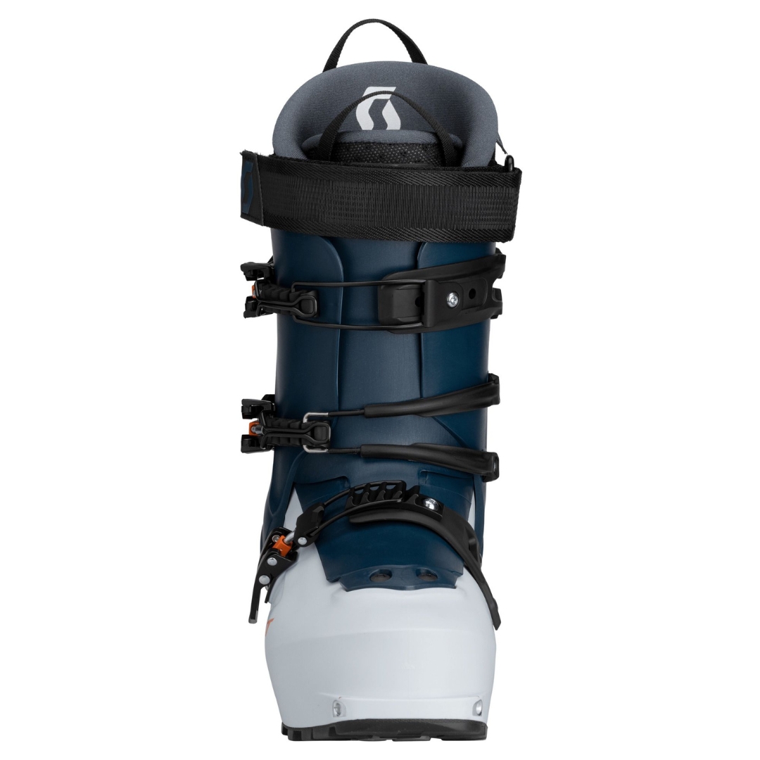 BOTTE DE SKI HAUTE ROUTE SCOTT COSMOS TOUR COULEUR ASPEN BLUE VU DE LA BOTTE BLEUE, GRISE ET DÉTAILS ORANGE FLUO DE DOS