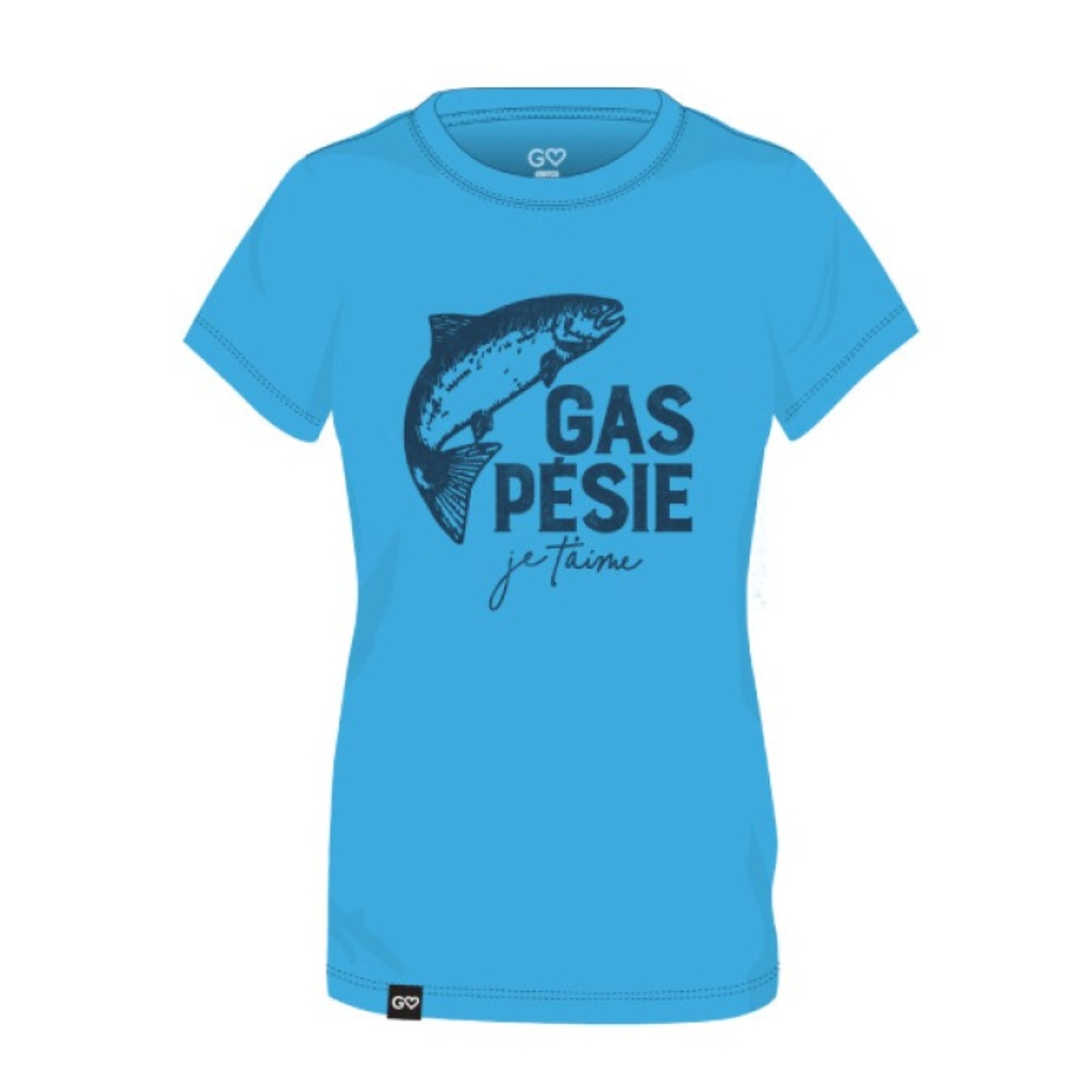 T-SHIRT GASPÉSIE JE T’AIME LOGO SAUMON POUR FEMME COULEUR TURQUOISE