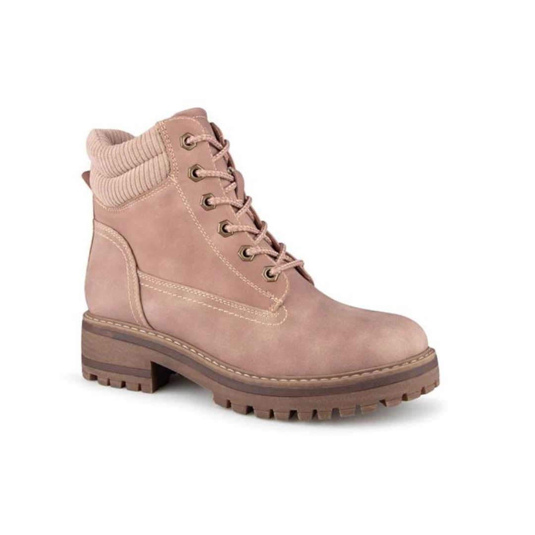 BOTTE D'HIVER ALBERTO SOLEVA POUR FEMME couleur rose vu de la botte droite rose pale avec tricot beige de profil avant droit