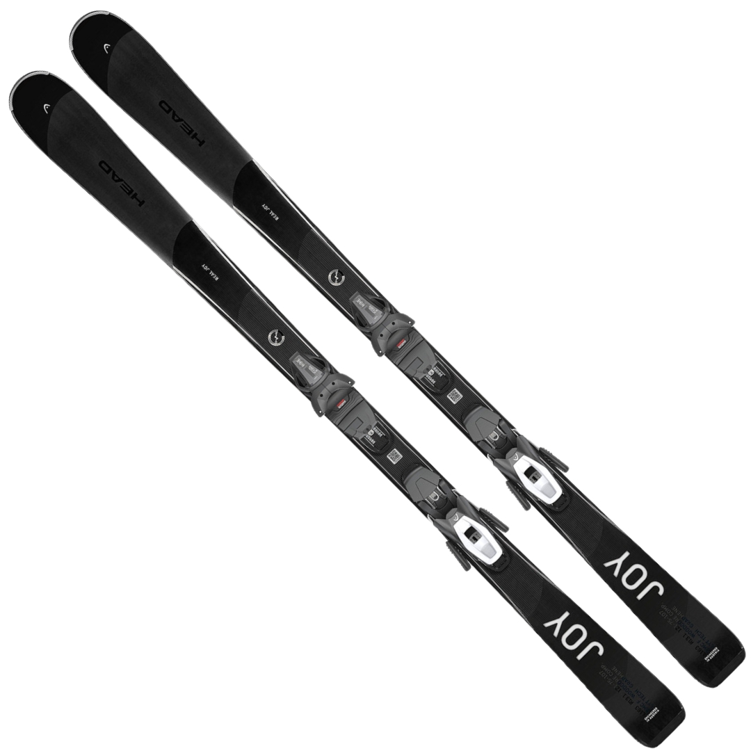 SKI ALPIN AVEC FIXATION HEAD E-REAL JOY POUR FEMME vu des skis noirs et gris du dessus avec les fixations