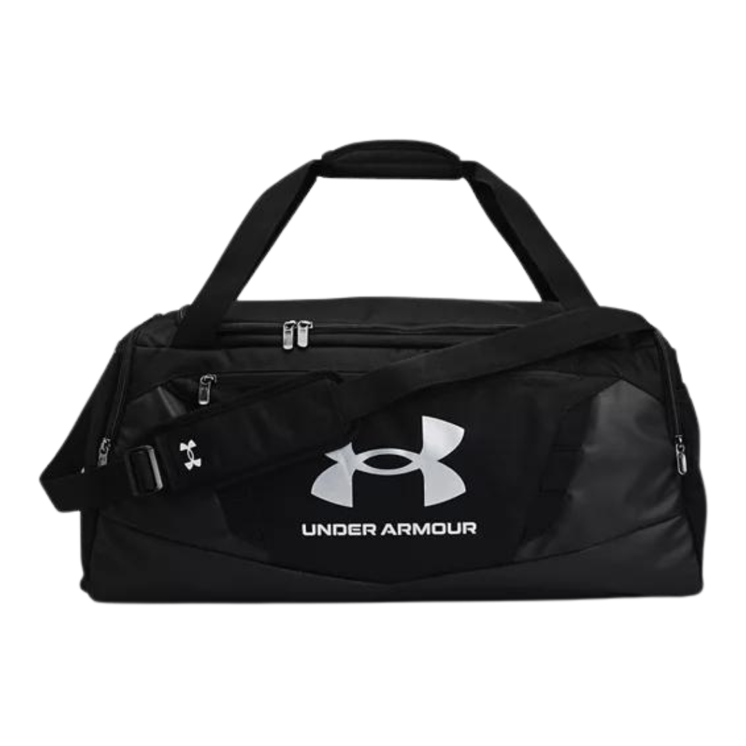 SAC DE SPORT UNDER ARMOUR UNDENIABLE 5.0 DUFFLE MEDIUM couleur 001-BLACK/BLACK vu du sac noir lettré gris argent vu de face
