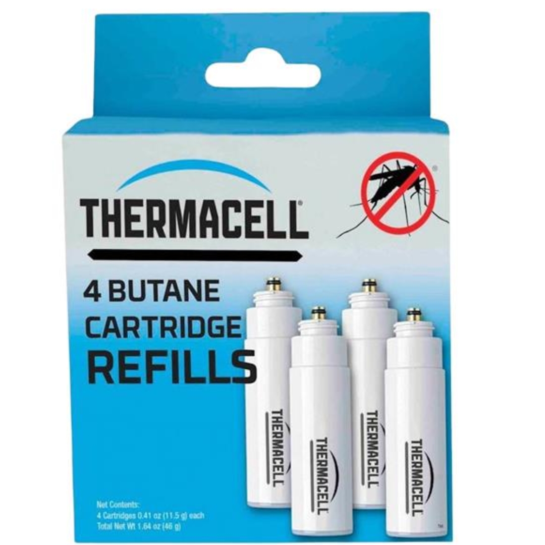 RECHARGES THERMACELL DE 4 BOUTEILLES DE BUTANE boite carré de couleur bleu avec écriture de couleur noir l'inscription Thermacell en haut a gauche le logo anti moustique en haut a droit et un visuel des 4 recharges blanche se retrouve sur la boite.