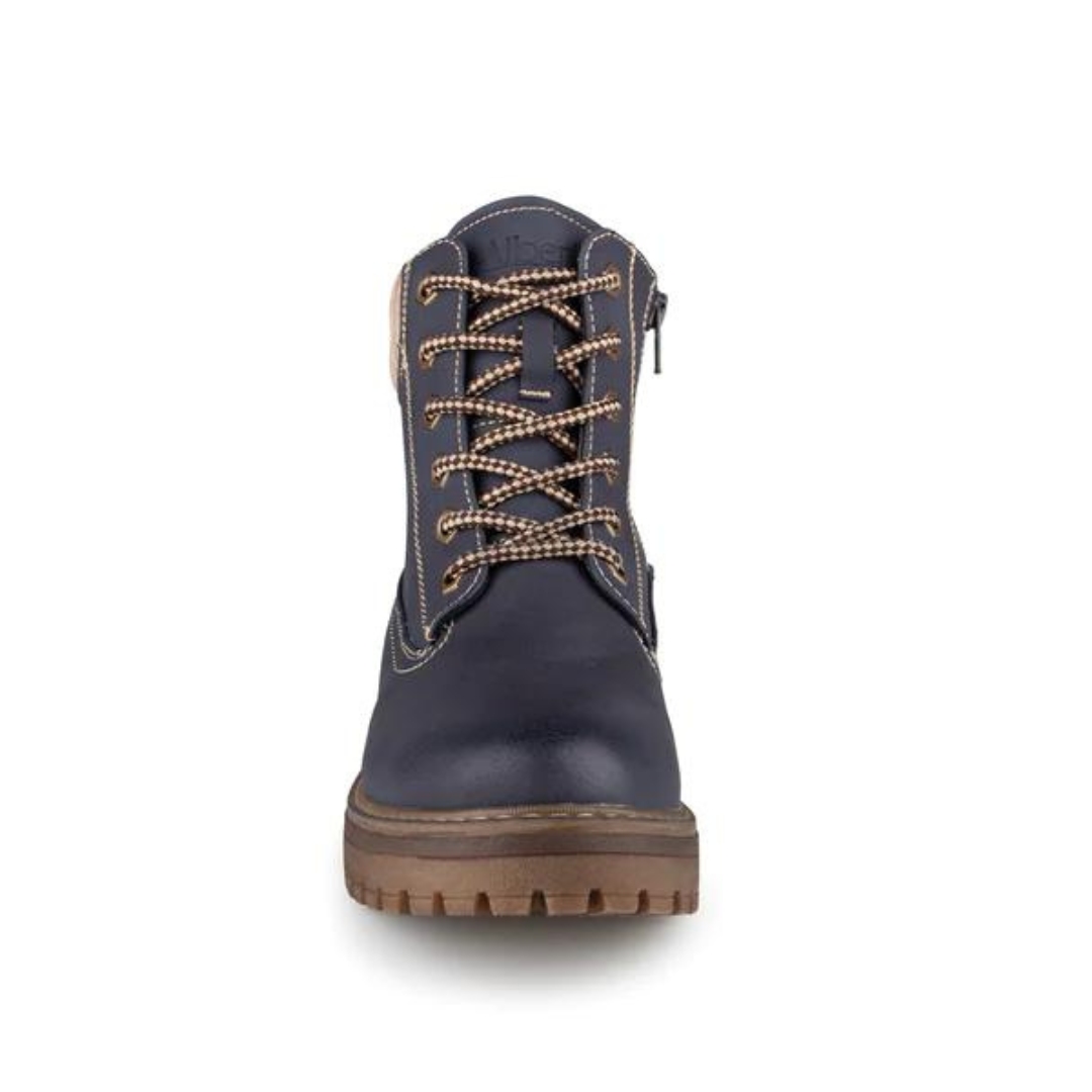 BOTTE D'HIVER ALBERTO SOLEVA POUR FEMME couleur marine vu de la botte droite marine avec tricot beige de face