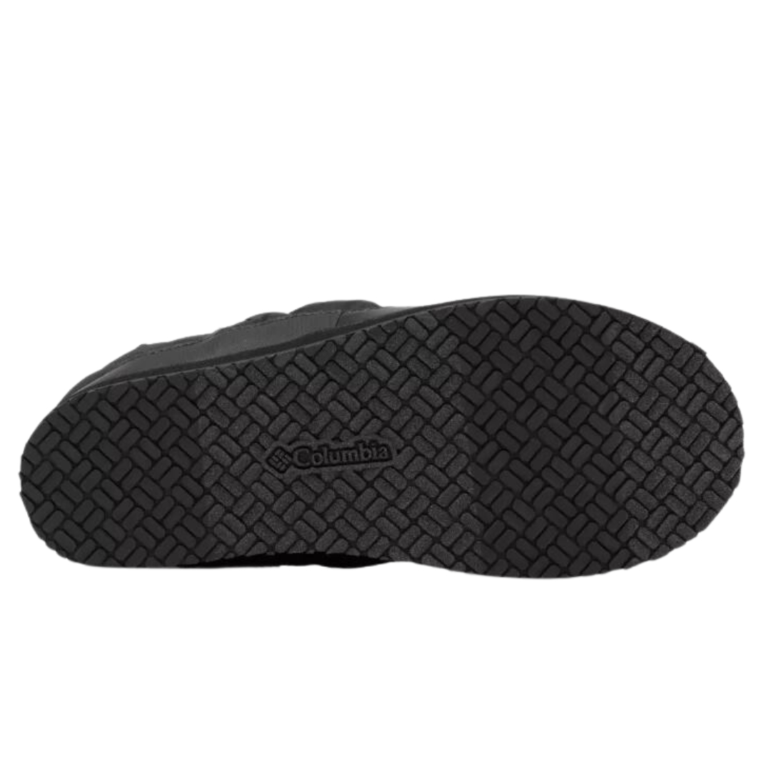 PANTOUFLE COLUMBIA OMNI-HEAT LAZY BEND WEEKENDER COULEUR 010-BLACK/GRAPHITE VU DE LA PANTOUFLE DROITE DE COULEUR NOIRE DE LA SEMELLE D'USURE NOIRE