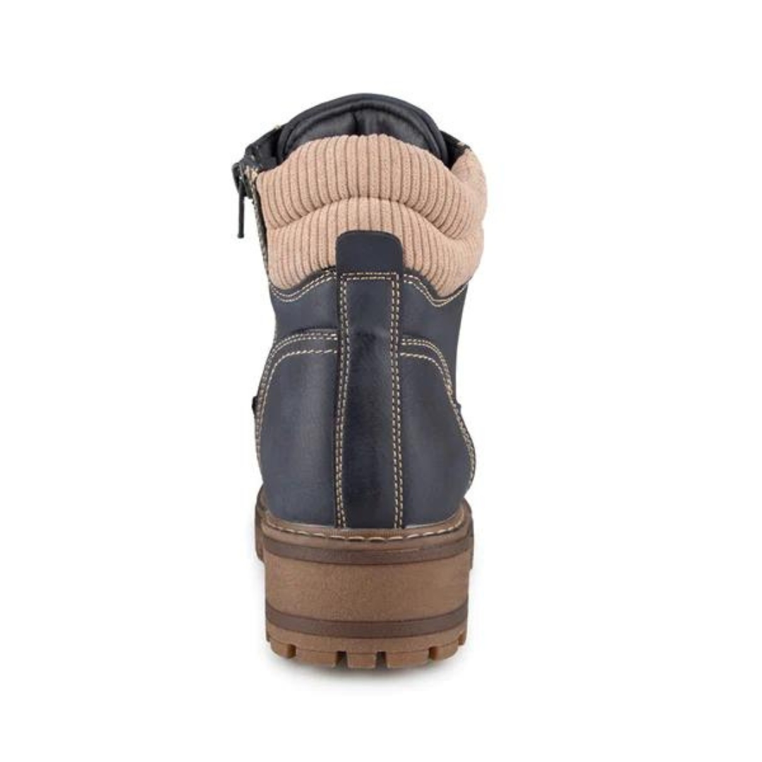 BOTTE D'HIVER ALBERTO SOLEVA POUR FEMME couleur marine vu de la botte droite marine avec tricot beige de dos