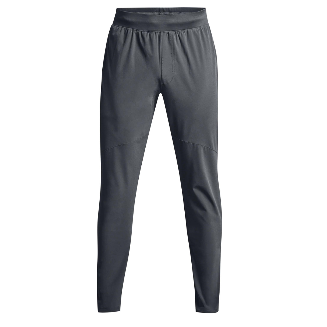 PANTALON D'ENTRAINEMENT EXTENSIBLE UNDER ARMOUR UA WOVEN POUR HOMME COULEUR 012-PITCH GRAY/BLACK VU DE FACE TAILLE ÉLASTIQUE VISIBLE