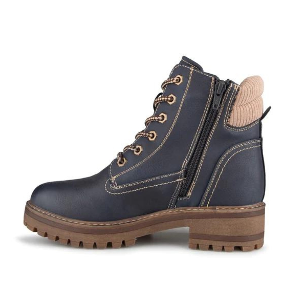 BOTTE D'HIVER ALBERTO SOLEVA POUR FEMME couleur marine vu de la botte droite marine avec tricot beige de profil gauche