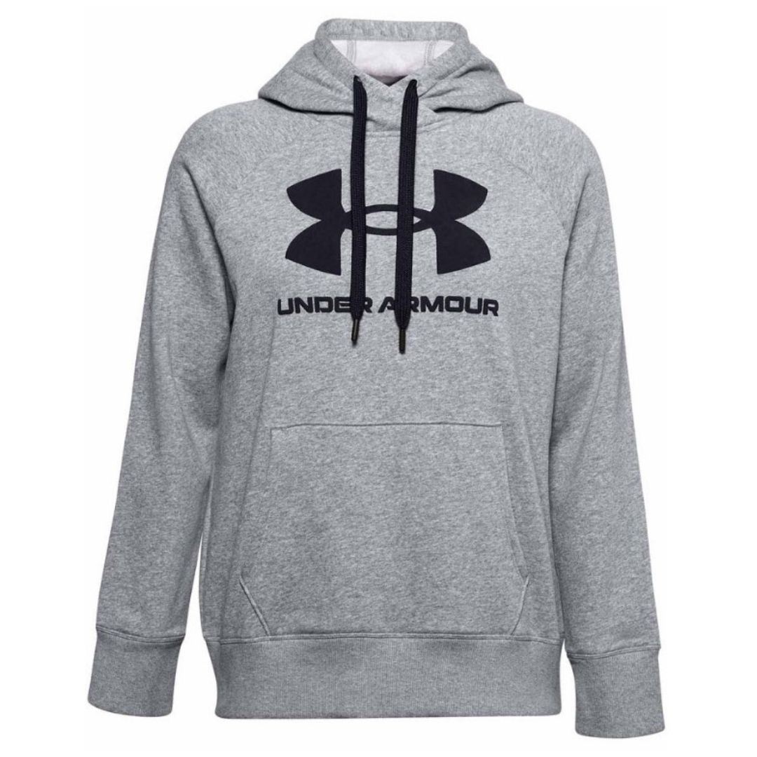CHANDAIL À CAPUCHON RIVAL FLEECE LOGO POUR FEMME couleur 035-STEEL MEDIUM HEATHER/BLACK vu de face chandail à manches longues gris chiné avec logo et nom imprimé au devant central en noir