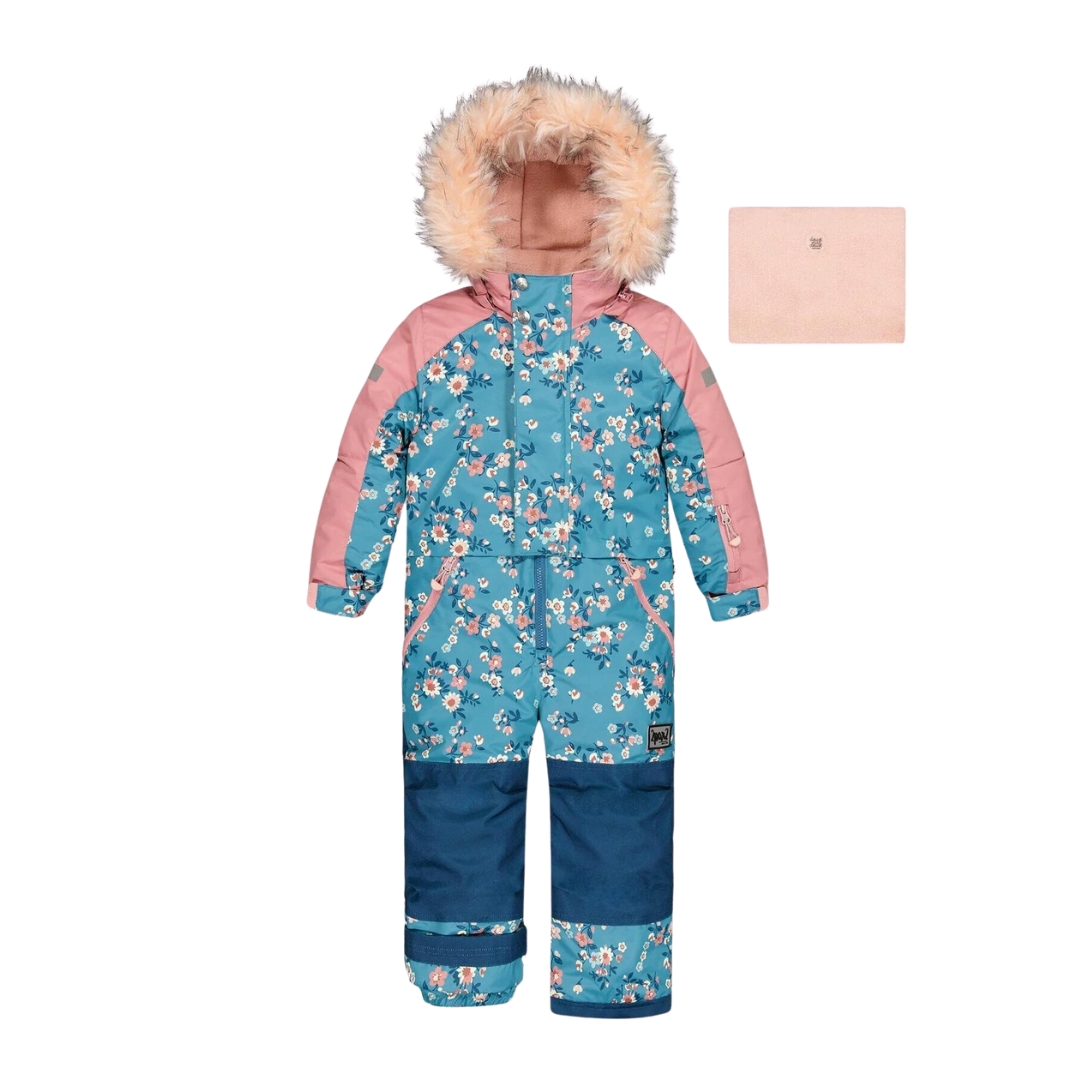 ENSEMBLE DE NEIGE UNE PIÈCE DEUX PAR DEUX PLAY POUR FILLE couleur PRINTED SMALL BOUQUETS vu de l'ensemble bleu ciel, rose pale et bleu marin avec imprimé de petites fleurs de face avec le cache cou rose de face