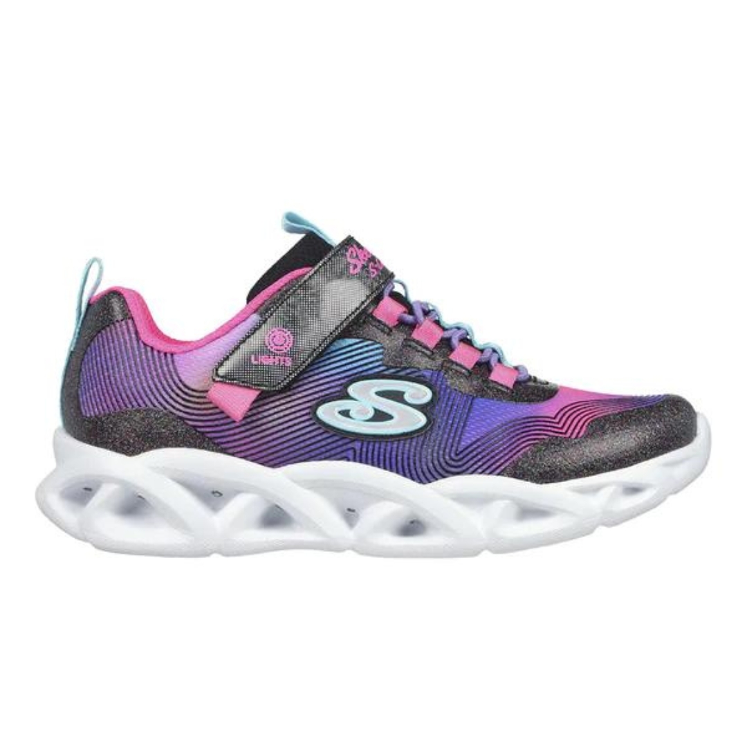 CHAUSSURE DE SPORT LUMINEUSE SKECHERS TWISTY BRIGHTS POUR ENFANT FILLE couleur noir/rose vue de la chaussure noir, rose, bleu avec semelle d'usure blanche de profil droit