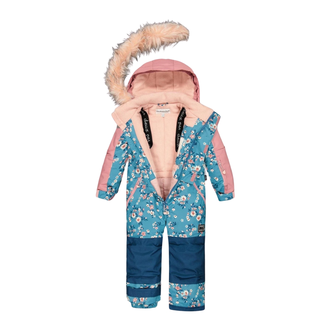 ENSEMBLE DE NEIGE UNE PIÈCE DEUX PAR DEUX PLAY POUR FILLE couleur PRINTED SMALL BOUQUETS vu de l'ensemble bleu ciel, rose pale et bleu marin avec imprimé de petites fleurs de face et ouvert