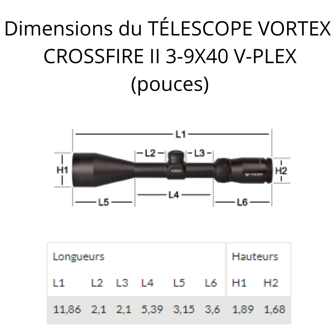 Dimensions du TÉLESCOPE VORTEX CROSSFIRE II 3-9X40 V-PLEX (pouces)