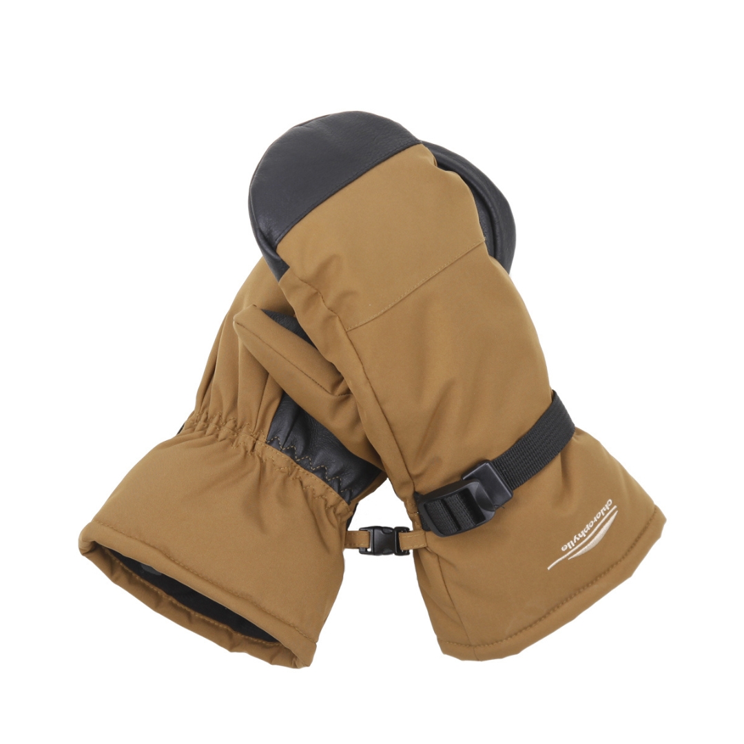 MITAINE DE SKI ALPIN CHLOROPHYLLE GLISSE POUR FEMME COULEUR TABAC VU DE LA MITAINE BRUNE SABLE LETTRÉE BLANCHE UNE DU DESSUS ET L'AUTRE DU DESSOUS