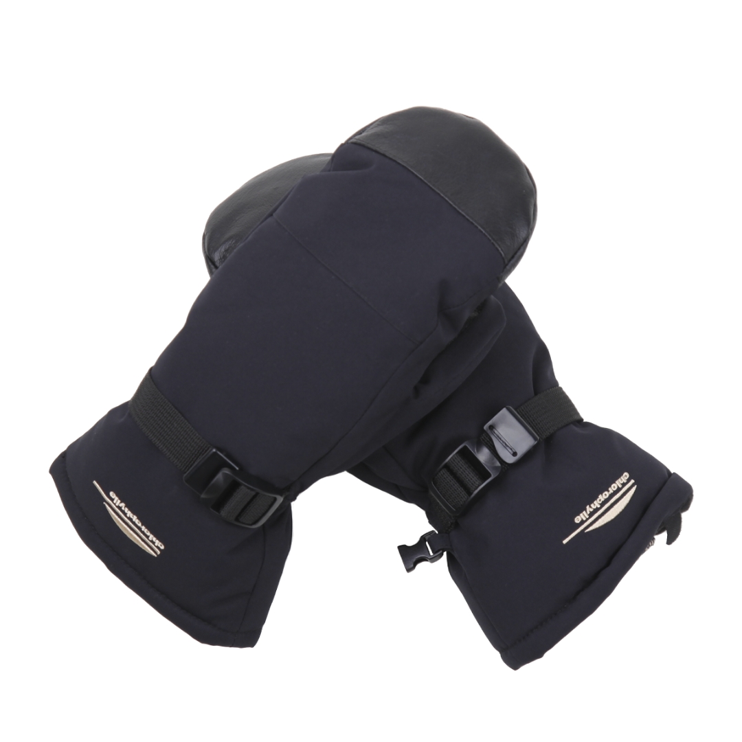 MITAINE DE SKI ALPIN CHLOROPHYLLE GLISSE POUR FEMME COULEUR NOIR PUR VU DE LA MITAINE NOIRE LETTRÉE BLANCHE UNE VUE DU DESSUS ET L'AUTRE DU DESSOUS