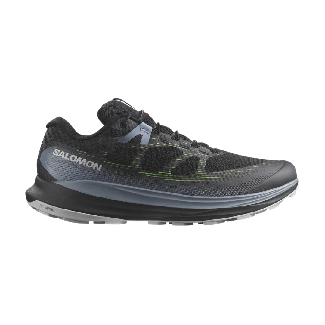 CHAUSSURE DE COURSE SUR SENTIER SALOMON ULTRA GLIDE 2 POUR HOMME COULEUR Black / Flint Stone / Green Gecko VUE DE LA CHAUSSURE NOIRE GRISE ET VERTE VUE DE PROFIL DROIT