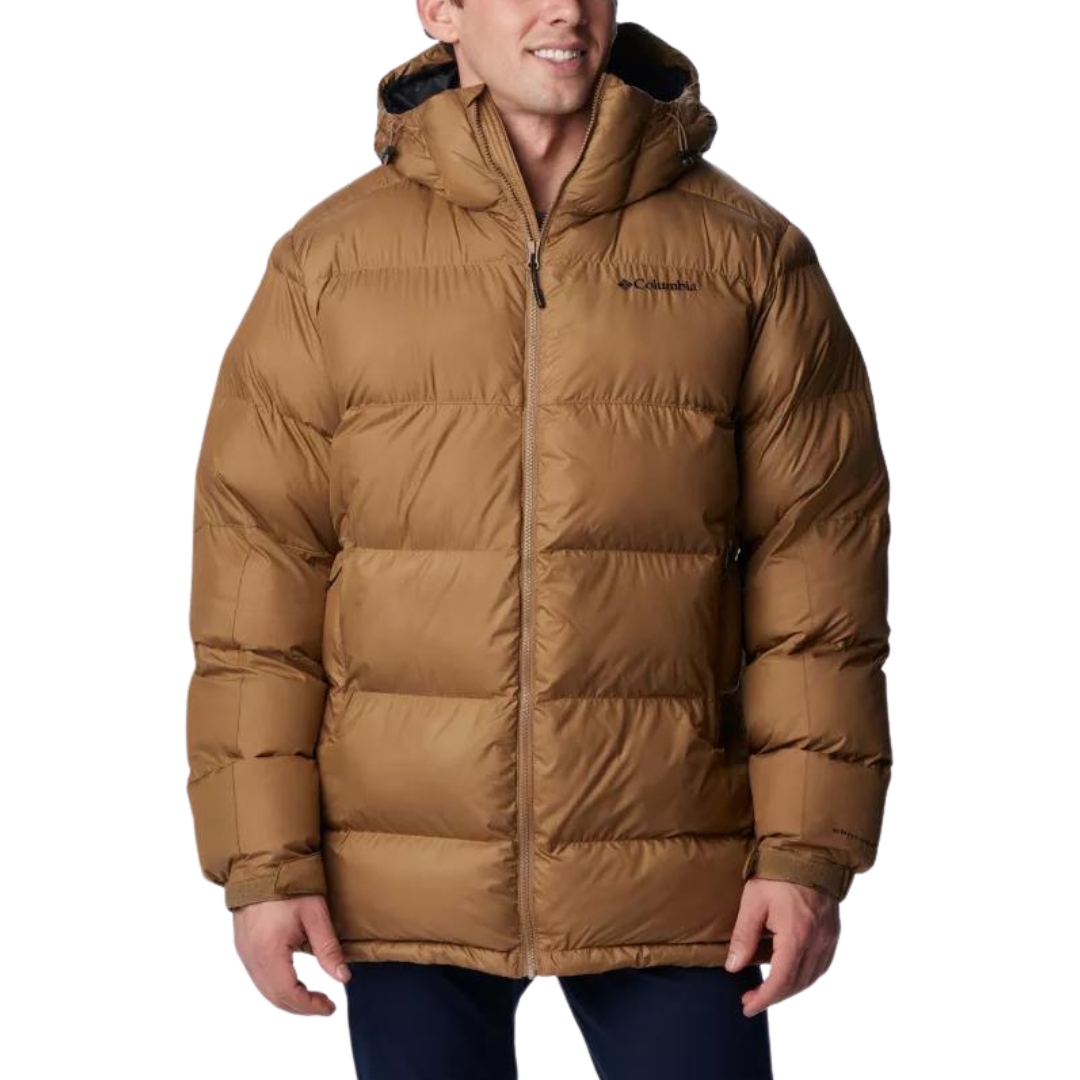 PARKA COLUMBIA PIKE LAKE POUR HOMME couleur 257-DELTA vue de la parka brune portée par un homme vu de la tête aux cuisses de face