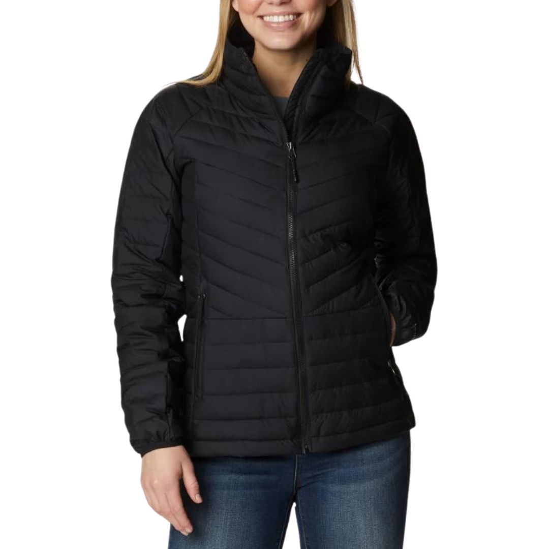 MANTEAU ZIPPÉ ISOLÉ COLUMBIA POWDER LITE II POUR FEMME couleur 010-BLACK vu du manteau noir porté par une femme vue de la tête aux cuisses de face