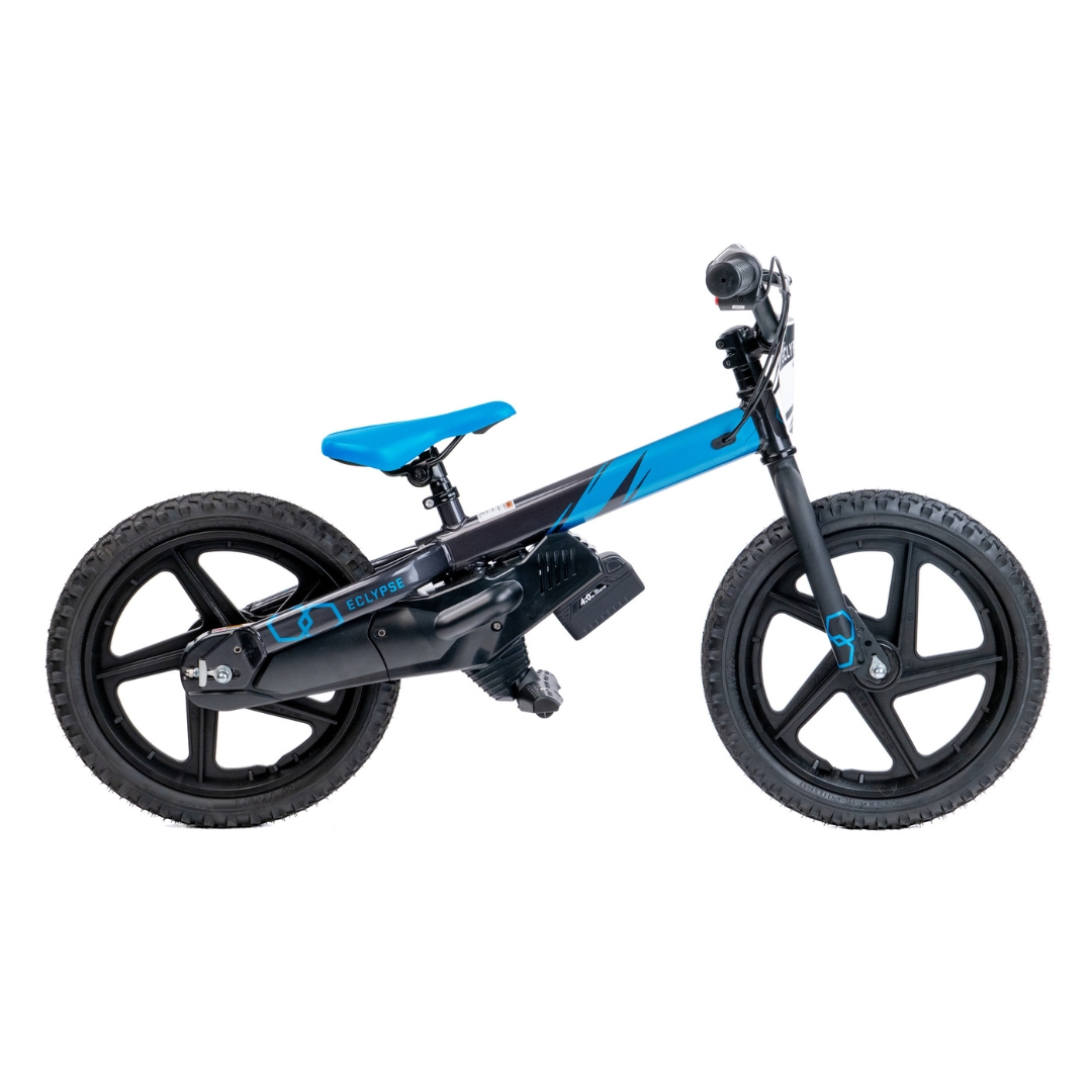 VÉLO D'ÉQUILIBE ÉLECTRIQUE ECLYPSE ASTRA 16 POUR ENFANT couleur TURQUOISE vu du vélo noir et bleu de profil droit