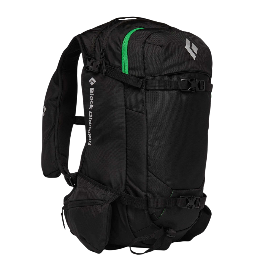 SAC À DOS DE SKI BLACK DIAMOND DAWN PATROL 32  couleur black vu du sac noir avec détail verts de profil avant droit