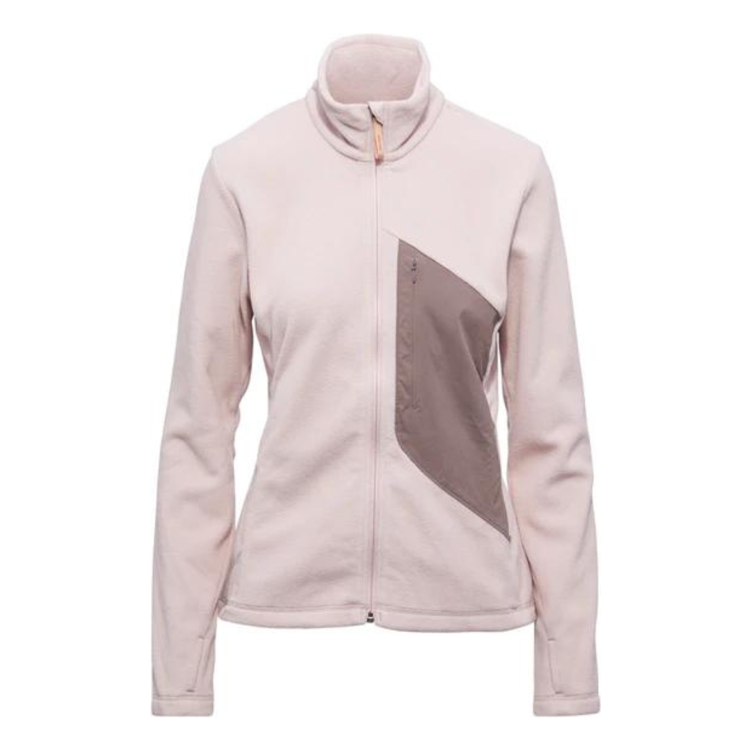 CHANDAIL EN LAINE POLAIRE PLEIN ZIP INDYEVA COMODO POUR FEMME COULEUR ROSE GOLD VU DU CHANDAIL ROSE PALE AVEC DÉTAILS PLUS FONCÉ DE FACE