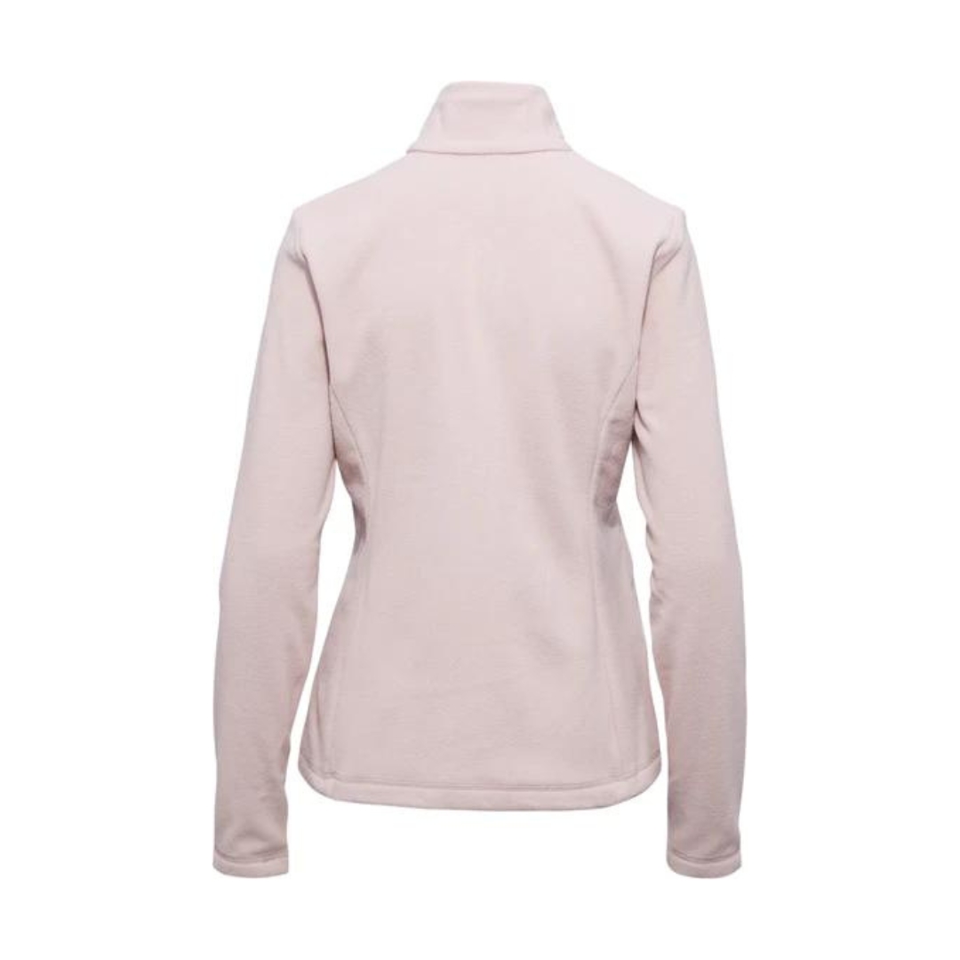 CHANDAIL EN LAINE POLAIRE PLEIN ZIP INDYEVA COMODO POUR FEMME COULEUR ROSE GOLD VU DU CHANDAIL ROSE PALE AVEC DÉTAILS PLUS FONCÉ DE DOS