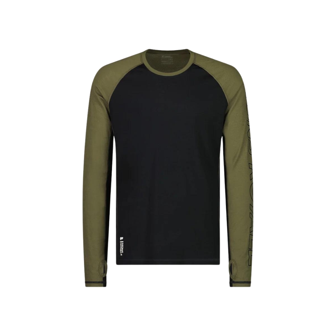 COUCHE DE BASE À MAnCHES LONGUES MONS ROYALE TEMPLE MERINO AIR-CON POUR HOMME couleur DARK OLIVE/BLACK vu du chandail manches longues vert olive et noir de face