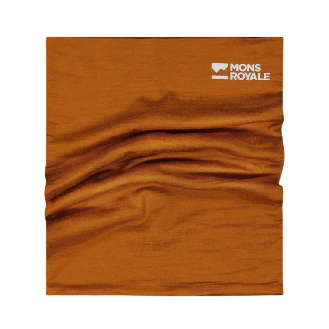 CACHE COU EN MÉRINO MONS ROYALE DOUBLE UP POUR ADULTE couleur COPPER vu du cache cou brun cuivré de face et plissé sur la longueur