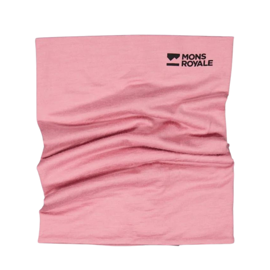 CACHE COU EN MÉRINO MONS ROYALE DOUBLE UP POUR ADULTE couleur DUSTY PINK vu du cache cou vieux rose de face et plissé sur la longueur