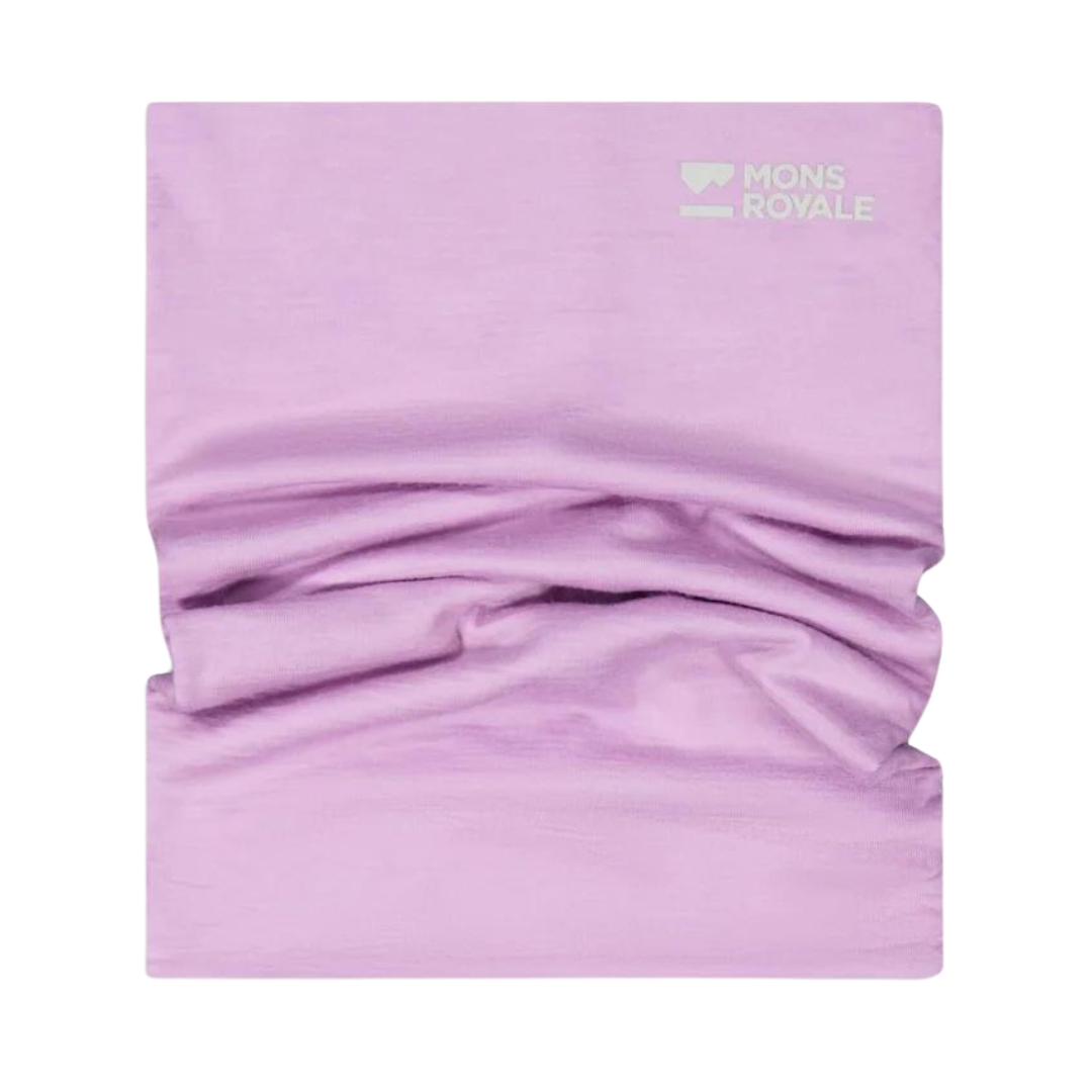 CACHE COU EN MÉRINO MONS ROYALE DOUBLE UP POUR ADULTE couleur ORCHID vu du cache cou rose lilas de face et plissé sur la longueur