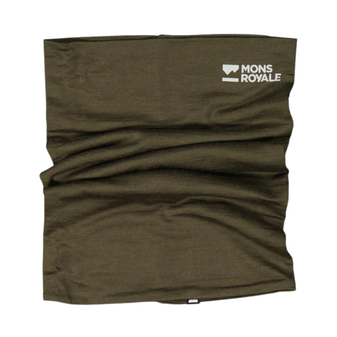 CACHE COU EN MÉRINO MONS ROYALE DOUBLE UP POUR ADULTE couleur dark olive vu du cache cou vert olive de face et plissé sur la longueur