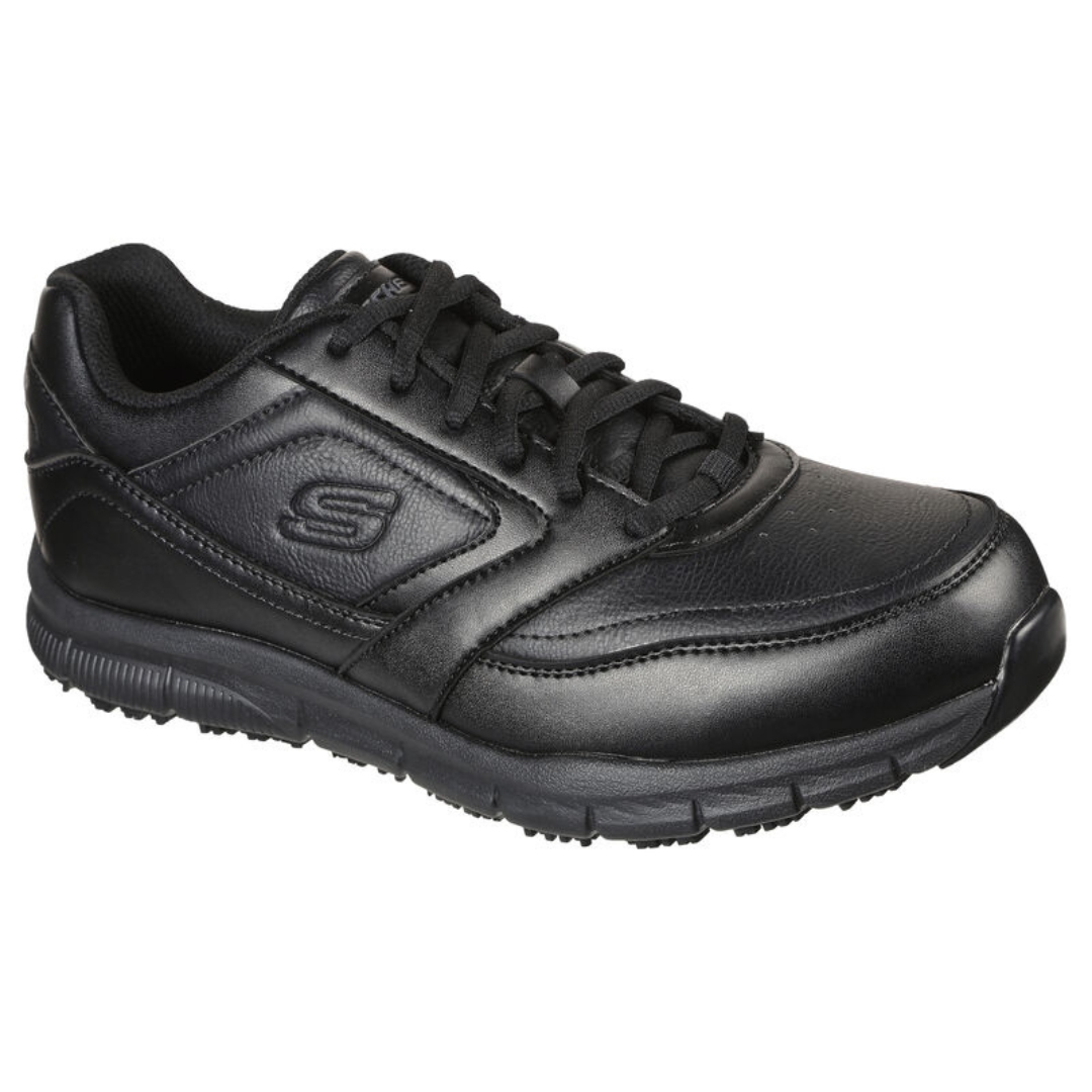 CHAUSSURE ANTIDÉRAPANTE SKECHERS NAMPA SLIP RESIST POUR HOMME couleur noir vu de la chaussure noire de profil externe avant droit