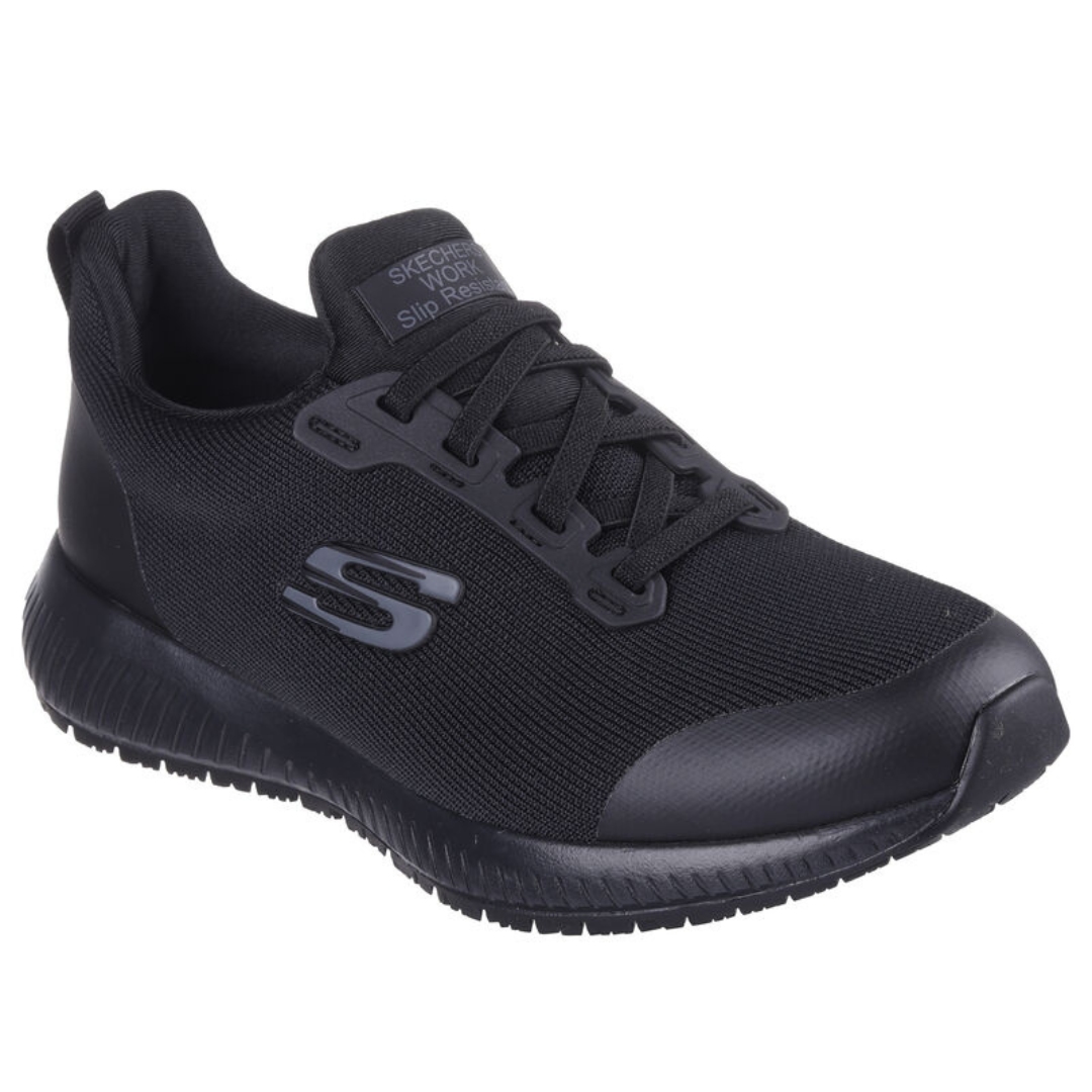 CHAUSSURE ANTIDÉRAPANTE SKECHERS SQUAD SLIP RESIST POUR FEMME couleur noir vu de la chaussure noire de profil externe avant droit