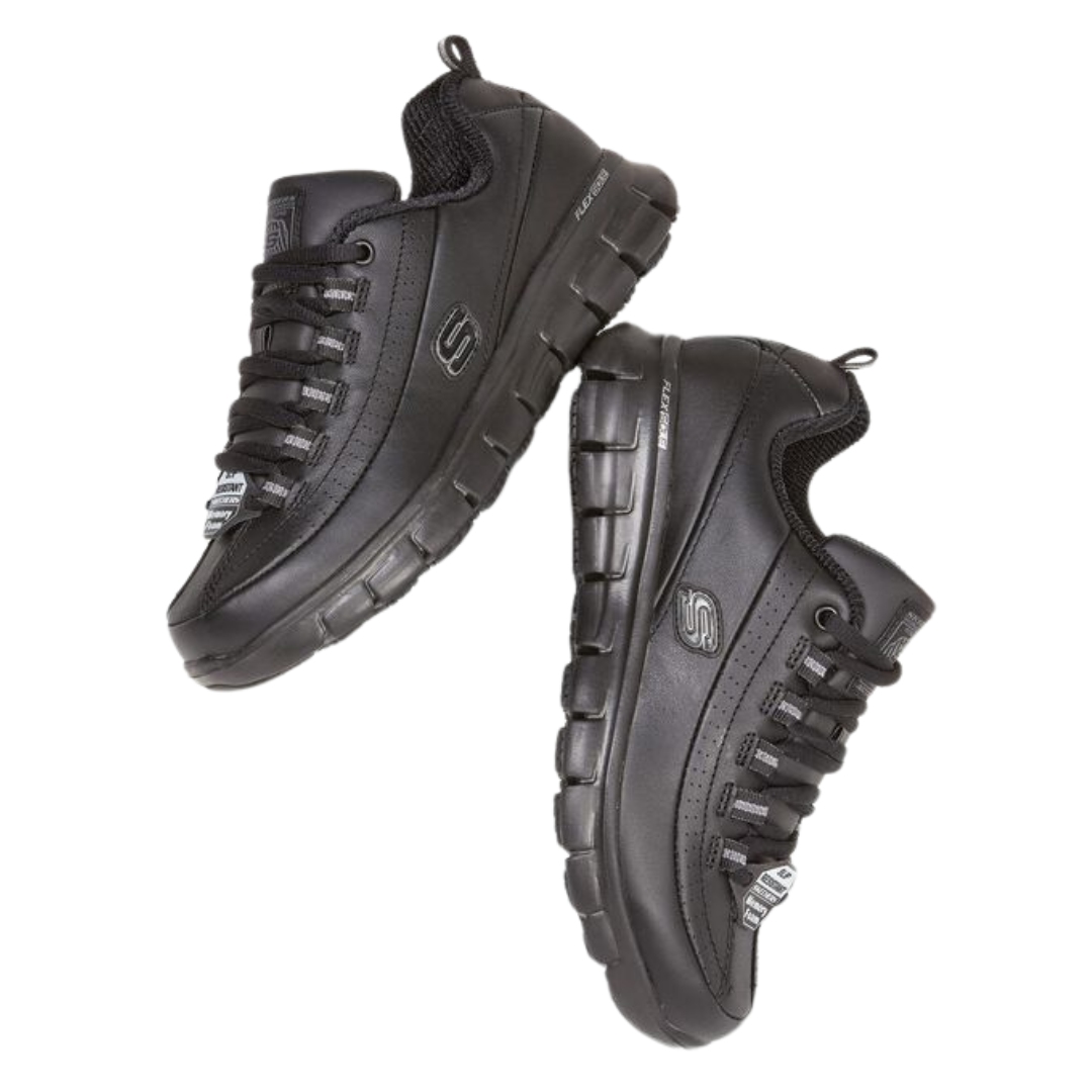 CHAUSSURE ANTIDÉRAPANTE SKECHERS SURE TRACK TRICKEL POUR FEMME couleur noir vu des chaussures noires de profil externe