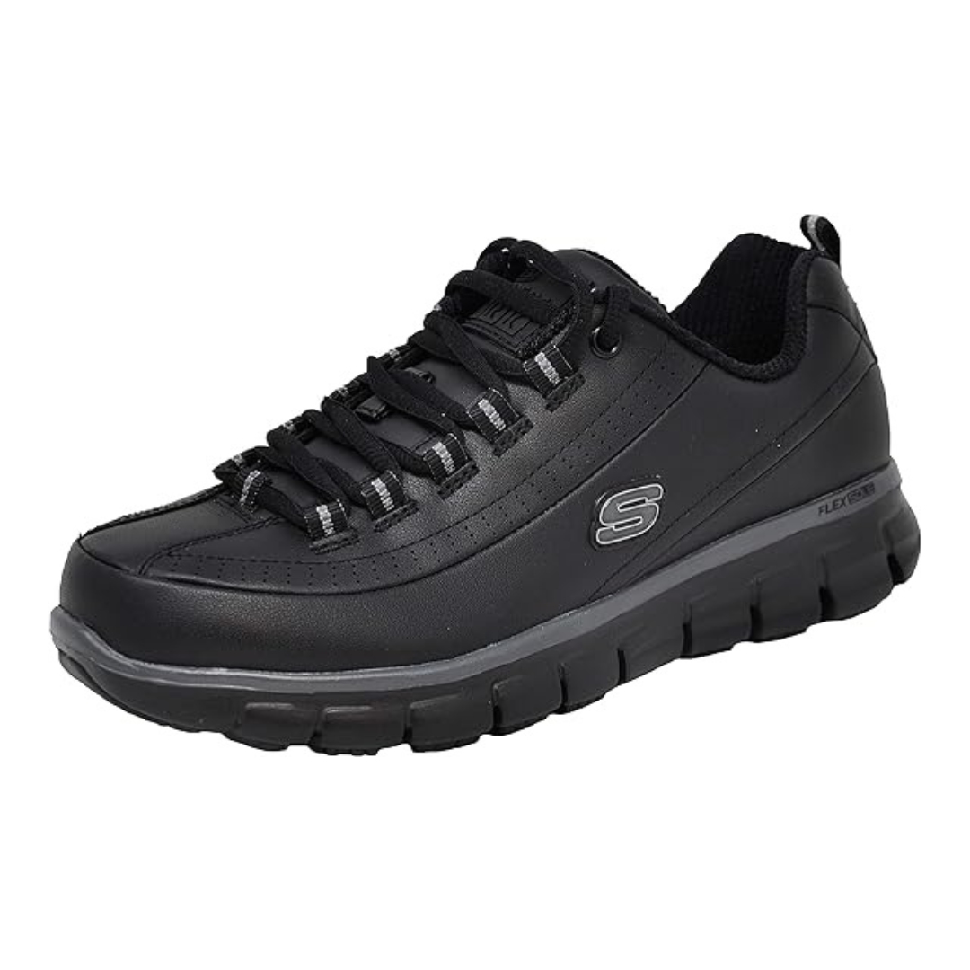 CHAUSSURE ANTIDÉRAPANTE SKECHERS SURE TRACK TRICKEL POUR FEMME couleur noir vu de la chaussure noire de profil externe avant gauche