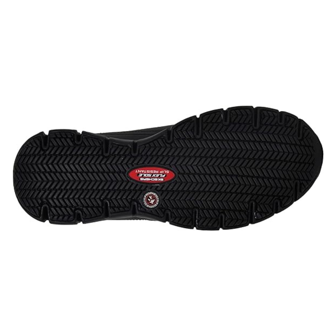 CHAUSSURE ANTIDÉRAPANTE SKECHERS SURE TRACK TRICKEL POUR FEMME couleur noir vu de la chaussure noire sur le côté semelle d'usure exposée