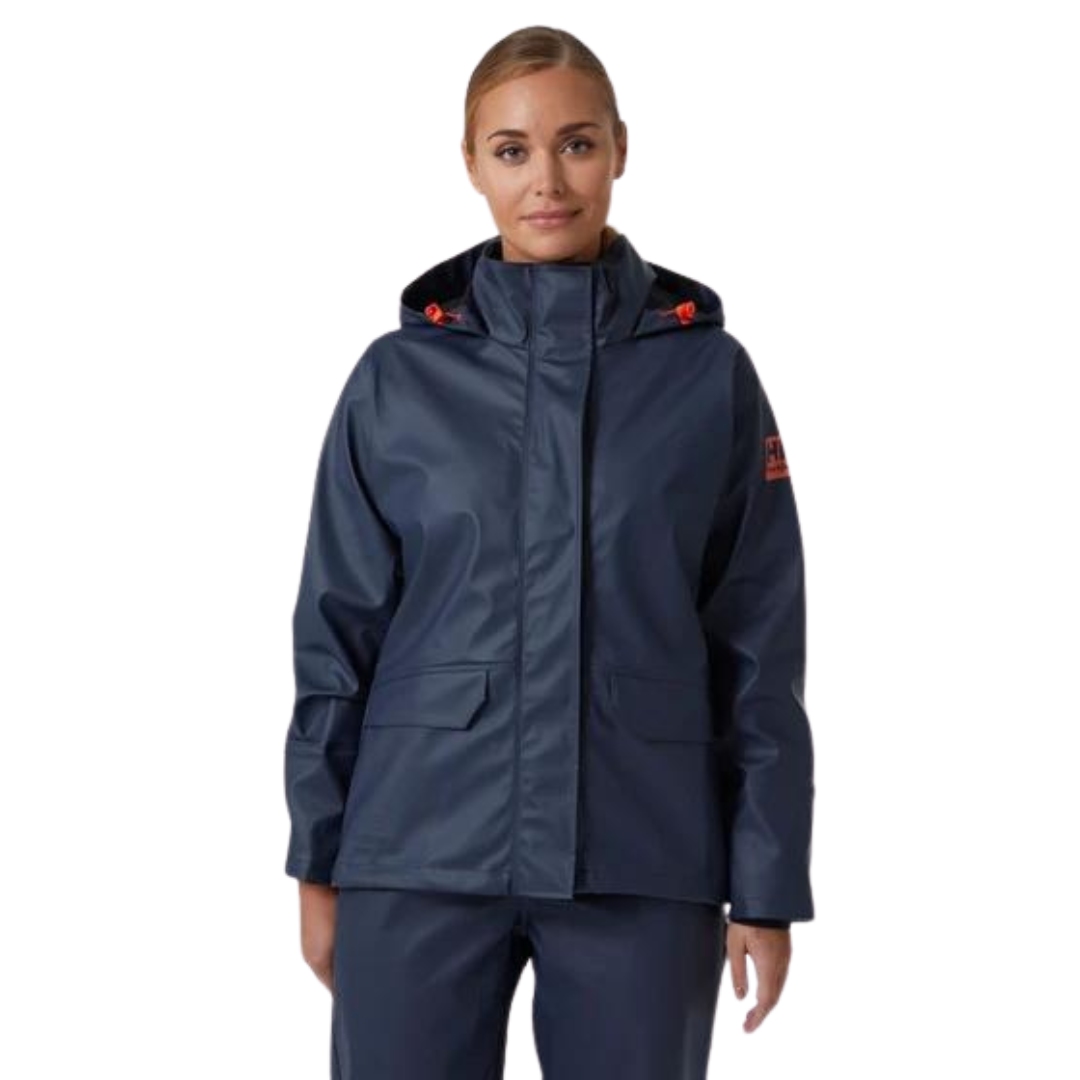 MANTEAU DE TRAVAIL IMPERMÉABLE HELLY HANSEN WORKWEAR LUNA POUR FEMME couleur navy vu du manteau bleu marin foncé porté par une femme vue de la tête aux cuisses de face