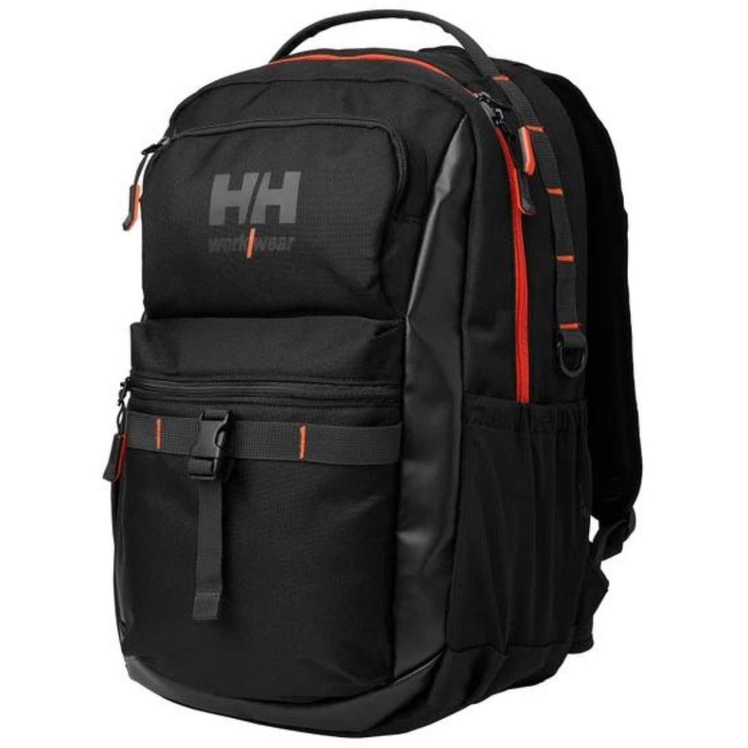 SAC À DOS DE TRAVAIL HELLY HANSEN WORKWEAR WORK DAY 27L couleur black vu du sac noir à détails oranges de profil avant gauche