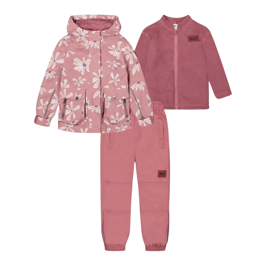 ENSEMBLE DE PRINTEMPS 3 EN 1 DEUX PAR DEUX À IMPRIMÉ DE FLEUR ET ROSE ANCIEN POUR FILLE COULEUR WHITERED ROSE VU DE L'ENSEMBLE AVEC MANTEAU ROSE IMPRIMÉ DE FLEUR BLANCHE ET PANTALON ROSE VUE DES 3 MORCEAUX DE L'ENSEMBLE À PLAT DE FACE