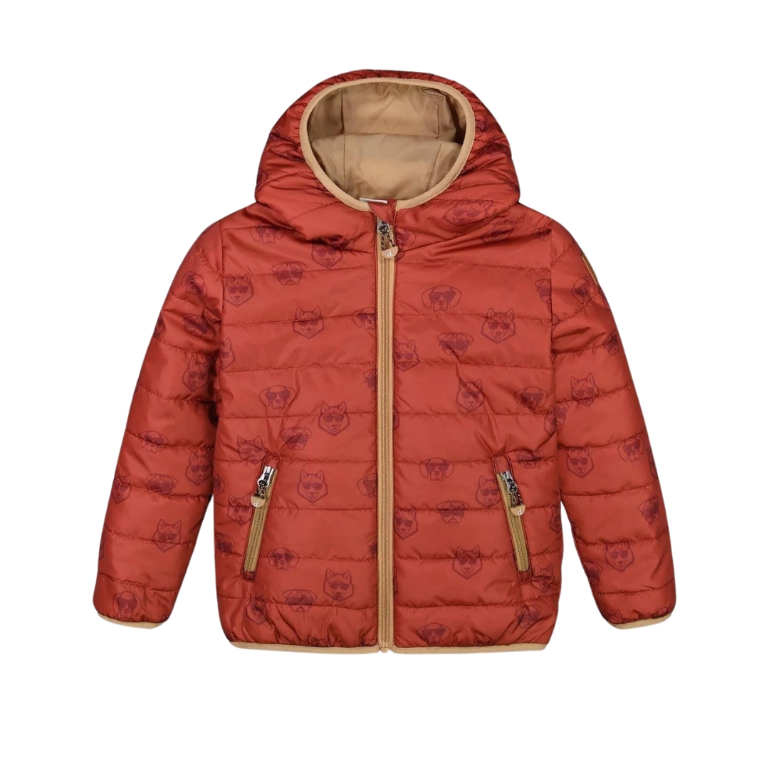 MANTEAU MATELASSÉ MI-SAISON DEUX PAR DEUX À IMPRIMÉ POUR ENFANT couleur PRINTED DOGS RED vu du manteau rouge avec imprimé de tête de chiens à plat de face